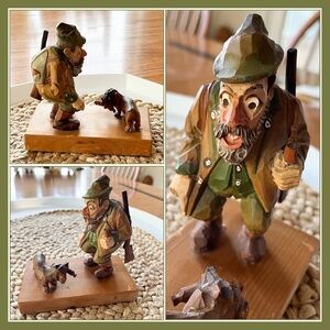 Vintage Germany painted wood carving Hunter w dachshund 🌭 Weiner dog w weiner